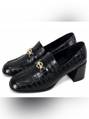 NEW ANN TAYLOR BLACK CROCO EMBOSSED LEATHER BLOCK HEEL KILTIE LOAFERS SHOES 8.5